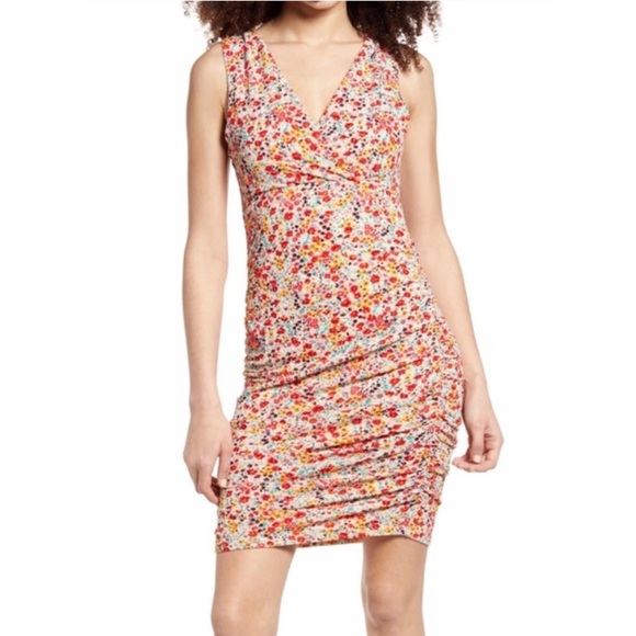 Leith Ruched Dress Women Small Surplice Mini Summer Floral Crisscross NWT * - Picture 1 of 5